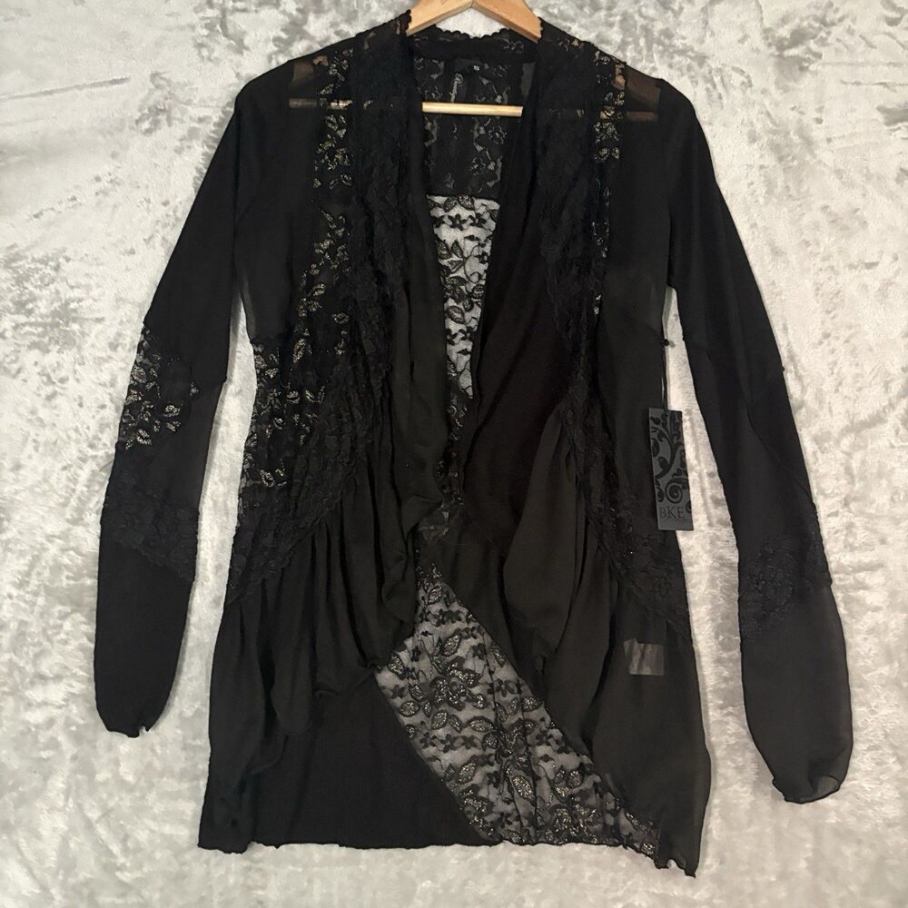 BKE Boutique Sheer Lace Cardigan Women S Black Metallic Gold Boho Whimsigoth NWT